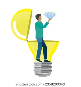 Hombre con una brillante idea. Parado en una bombilla y mirando un diamante. Aislado. Ilustración vectorial.