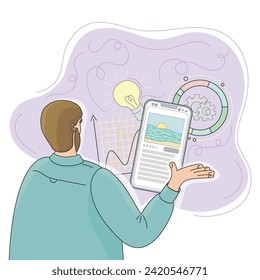 Un hombre con camisa y barba, visto desde atrás. Desarrollo de aplicaciones móviles. Gráficos, ideas, configuración. Creando una aplicación telefónica. El programador explica la lógica de la experiencia del usuario.