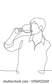 Man In A Shirt Drinks A Wine Drink From A Glass - One Line Drawing. A Taster Or Wine Lover Sips Wine From A Glass In An Informal Setting