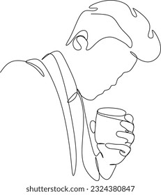 Man in a shirt drinks a wine drink from a glass - one line drawing. a taster or wine lover sips wine from a glass in an informal setting