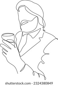 Man in a shirt drinks a wine drink from a glass - one line drawing. a taster or wine lover sips wine from a glass in an informal setting