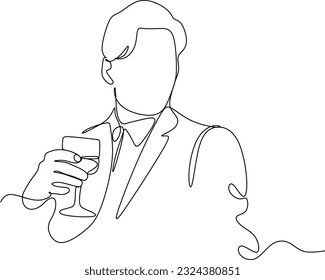 Man in a shirt drinks a wine drink from a glass - one line drawing. a taster or wine lover sips wine from a glass in an informal setting