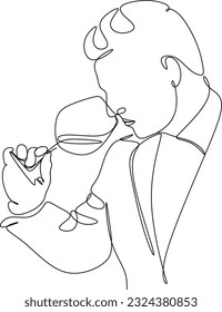 Man in a shirt drinks a wine drink from a glass - one line drawing. a taster or wine lover sips wine from a glass in an informal setting