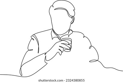 Man in a shirt drinks a wine drink from a glass - one line drawing. a taster or wine lover sips wine from a glass in an informal setting