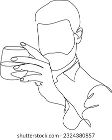 Man in a shirt drinks a wine drink from a glass - one line drawing. a taster or wine lover sips wine from a glass in an informal setting