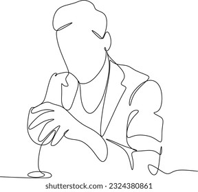 Man in a shirt drinks a wine drink from a glass - one line drawing. a taster or wine lover sips wine from a glass in an informal setting