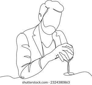 Un hombre con camisa bebe una bebida de vino de un vaso - un dibujo de una línea. un catador o un amante del vino bebe vino de una copa en un ambiente informal