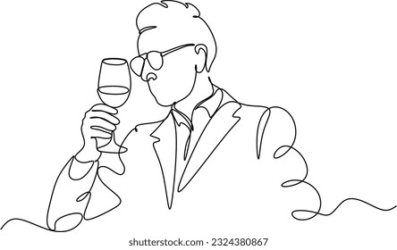 Un hombre con camisa bebe una bebida de vino de un vaso - un dibujo de una línea. un catador o un amante del vino bebe vino de una copa en un ambiente informal