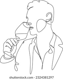 Man in a shirt drinks a wine drink from a glass - one line drawing. a taster or wine lover sips wine from a glass in an informal setting