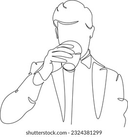 Man in a shirt drinks a wine drink from a glass - one line drawing. a taster or wine lover sips wine from a glass in an informal setting