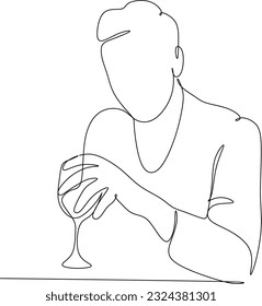 Man in a shirt drinks a wine drink from a glass - one line drawing. a taster or wine lover sips wine from a glass in an informal setting