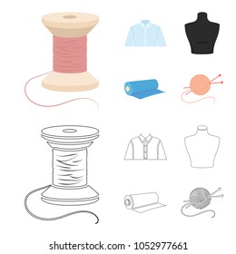 A man shirt, a mannequin, a roll of fabric, a ball of threads and knitting needles.Atelier set collection icons in cartoon,outline style vector symbol stock illustration web.