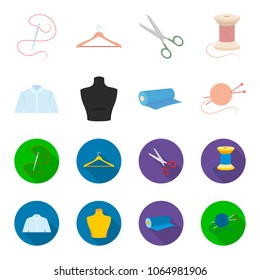 A man shirt, a mannequin, a roll of fabric, a ball of threads and knitting needles.Atelier set collection icons in cartoon,flat style vector symbol stock illustration web.