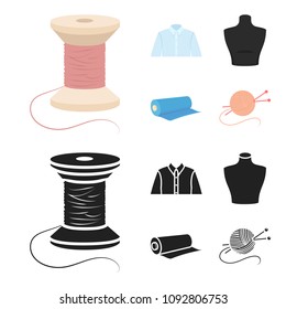 A man shirt, a mannequin, a roll of fabric, a ball of threads and knitting needles.Atelier set collection icons in cartoon,black style vector symbol stock illustration web.