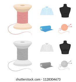 A man shirt, a mannequin, a roll of fabric, a ball of threads and knitting needles.Atelier set collection icons in cartoon,monochrome style vector symbol stock illustration web.