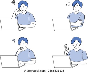 A man in a shirt operating a PC with various expressions.
