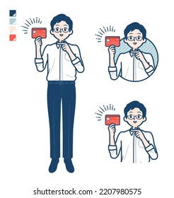 A man in shirt with pointing at credit card images.It's vector art so it's easy to edit.