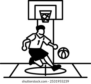 A man in a shirt is running towards a basketball