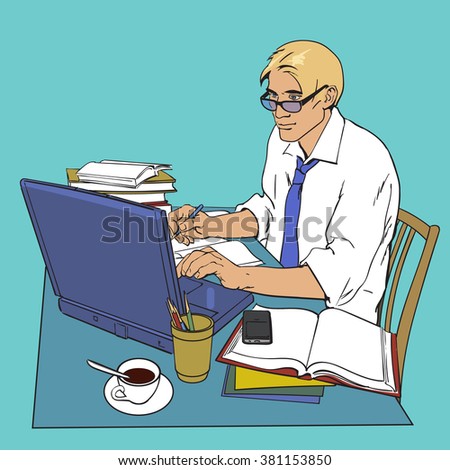 A man in a shirt sits at a table. Writer, journalist, scholar, student write his work in the computer. Work on the Internet. On the table, a lot of paperwork. The process of study. Vector illustration