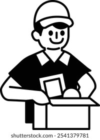 A man in a shirt is smiling and holding a box
