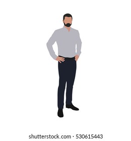 Man in shirt standing with hands on hips. Business man vector illustration