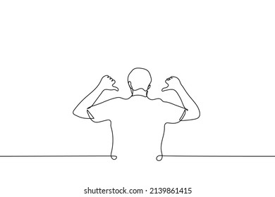 man in shirt stands with his back to viewer and points his thumbs at his back - one line drawing vector. football fan concept, shirt demonstration with place for text  