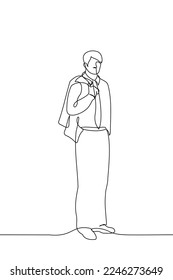 man in shirt  trousers   long tie stands and his jacket thrown back behind his back   looks at the viewer    one line drawing vector  concept formally dressed man took off his jacket