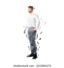 Man in shirt and trousers stands with his hand in his pocket. Isolated low polygonal vector illustration from triangles