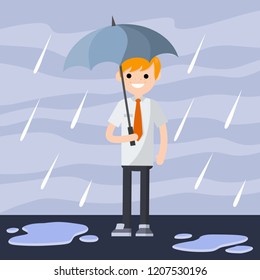 A man in a shirt with an umbrella stands in the rain. Drops of water are dripping from the sky. Bad autumn weather with puddles. Office worker.
