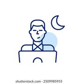 Man in shirt working at laptop and moon crescent symbol. Night time creativity and productivity. Pixel perfect, editable stroke icon