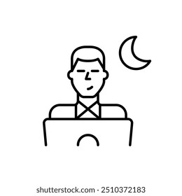 Man in shirt working at laptop and moon crescent symbol. Night time creativity and productivity. Pixel perfect vector icon