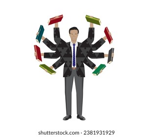 Man in Shiva style with lots of books. Dressed in suit with jigsaw puzzle pattern. Isolated. Vector illustration.