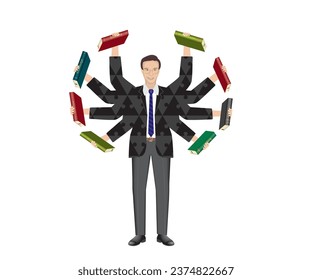 Man in shiva style with plenty of arms with books. Isolated. Vector illustration. 