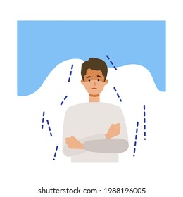 Man shivering after getting his COVID-19 vaccine. Concept for side effects of coronavirus vaccine. Flat vector illustration.