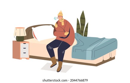 Man shivering from cold sit on bed dressed in warm clothes and hat in bedroom indoors. Male freezing at home in winter season. Cartoon flat vector illustration