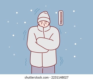 Man shivering from cold weather Hand drawn style vector design illustrations.