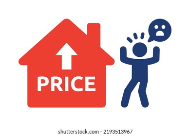 Man shocked about increasing price of housing icon. House inflation symbol vector illustration.