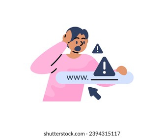 Un hombre está sorprendido porque accede a un sitio peligroso. Tenga cuidado con los sitios web de phishing. Advertencia de no hacer clic en los vínculos de estafa. Ilustración de caracteres de personas. diseño de concepto de ilustración plana. vector 