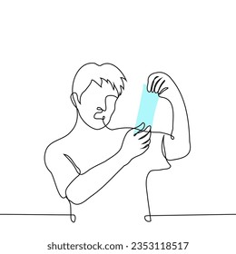 hombre impactado por un cheque - un vector de arte de una línea. el concepto de alto coste de la lista de precios, superando el límite