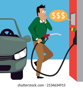 Man Shocked By Gas Prices At The Fueling Pump, EPS 8 Vector Illustration 