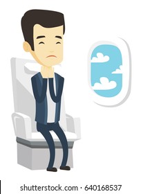 Hombre impactado por el vuelo en un área turbulenta. El pasajero del avión asustado por el vuelo. Aterrorizado pasajero sentado en un asiento de avión. Ilustración de diseño plana vectorial aislada en fondo blanco.