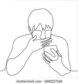 man is shocked by what he saw or read on his phone. one line drawing a man holding a phone and the other hand closes his mouth, he is surprised, shocked