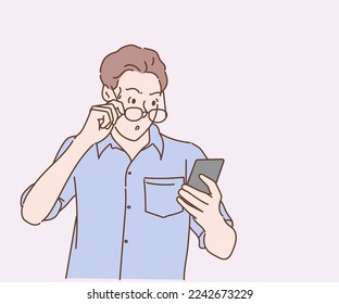 Man is shocked expression after they reading the message on the smartphone, they has anxious faces. Hand drawn in thin line style, vector illustrations.