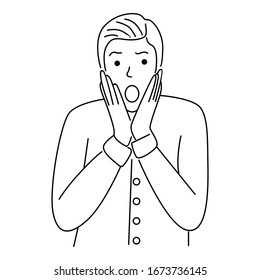 Man with shocked expression. Line art vector illustration