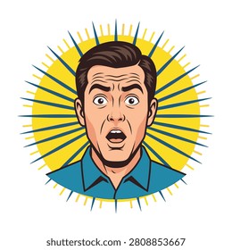 A man with a shocked expression on his face surrounded by a vibrant yellow sunburst background