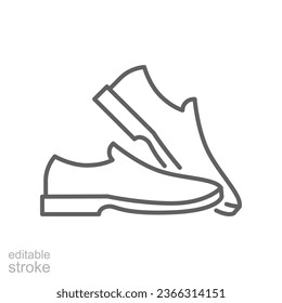 Man shoe line icon. A pair of male shoes element, Man's formal foot wear outline style pictogram for web, mobile app. Editable stroke. Vector illustration. Design on white background. EPS 10