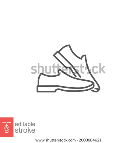 Man shoe line icon. A pair of male shoes element, Man's formal foot wear outline style pictogram for web, mobile app. Editable stroke. Vector illustration. Design on white background. EPS 10