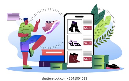 Man with shoes sale. Young guy with online shopping. Electronic commerce and retail. Home delivery. Digital transfers and transactions. Flat vector illustration isolated on white background