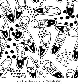 Man shoes seamless pattern. Classic and sportive shoes. Hand drawn vector black and white illustrations. Cartoon doodle. Background, wallpaper. Colouring page. Texture for web, print, fabric.
