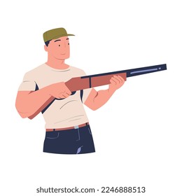 Mann mit Schießpistole, der auf das Ziel zielt. Ma holding riftraining in taktischer Shooting Cartoon Vektorgrafik